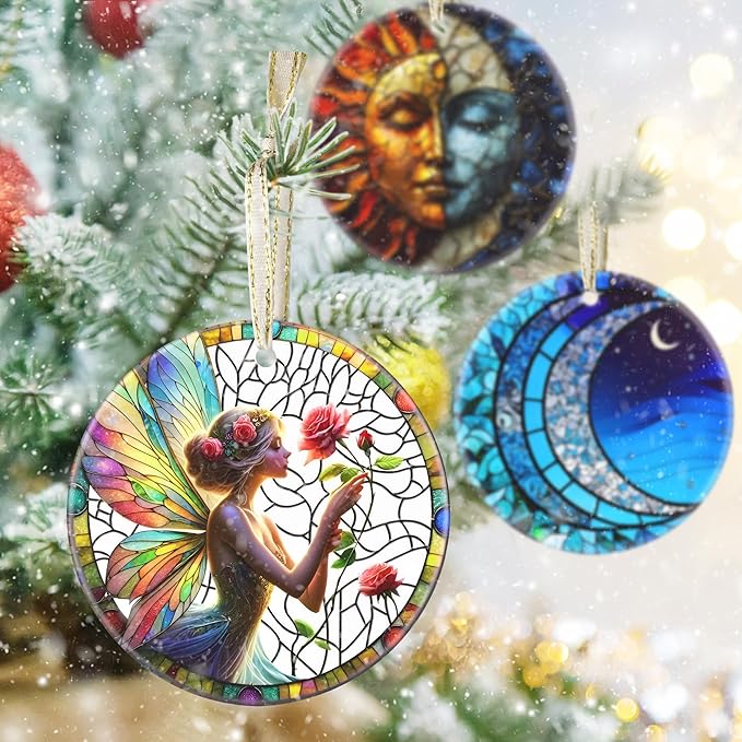 3.5 Inch Ceramic Christmas Tree Ornament, Enchanting Fairy & Rose Christmas Ornaments, Heirloom Keepsake, Gift Exchange, Gift Idea, Bauble Present