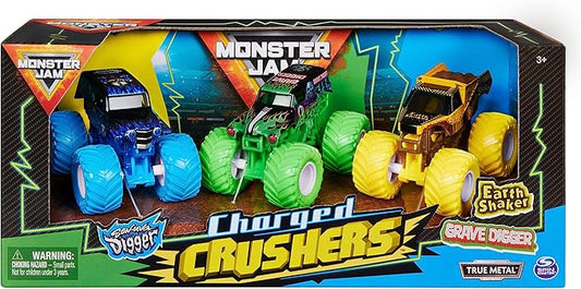 Monster Jam, Charged Crushers 3-Pack (Grave Digger, Son-Uva Digger and Earth Shaker), 1:64 Scale
