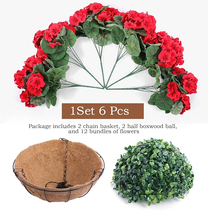 Hananona 2 Set Artificial Outdoor Geraniums Flowers with Hanging Basket, 2 Hanging Planters with 12 Pcs Red Geranium Flowers for Christmas Front Porch Garden Patio Home Decor (2, Red)