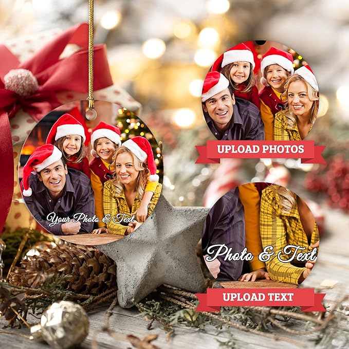 Personalized Christmas Ornaments 2025, Custom Christmas Ornaments with Photo & Text Hanging Ornament, Customized Christmas Tree Decorations Gifts for Family, Kids, Friends, Couples, Wedding