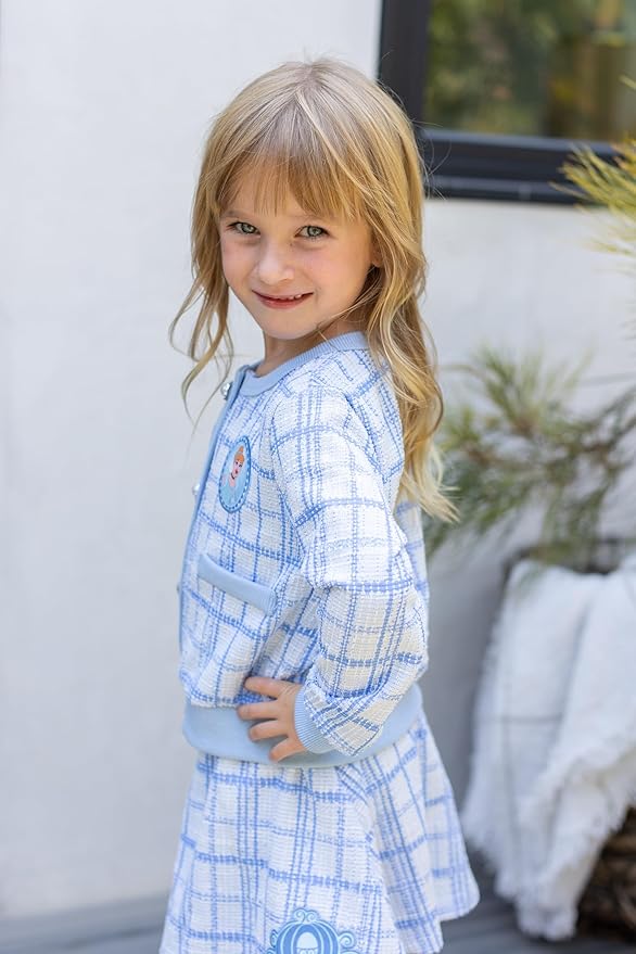 Disney Frozen Elsa Stitch Princess Moana Minnie Toddler Girl 2 Piece Outfit Kid Pearl Button Knit Top & Tweed Skirt Set 2-13Y