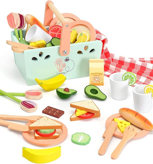 Wooden Toy Picnic Playset, 31 Pcs Wooden Play Food Sets for Kids Pretend Play Cutting Food Toys Toddlers Play Kitchen Accessories Gift for Girls Boys Age 3+