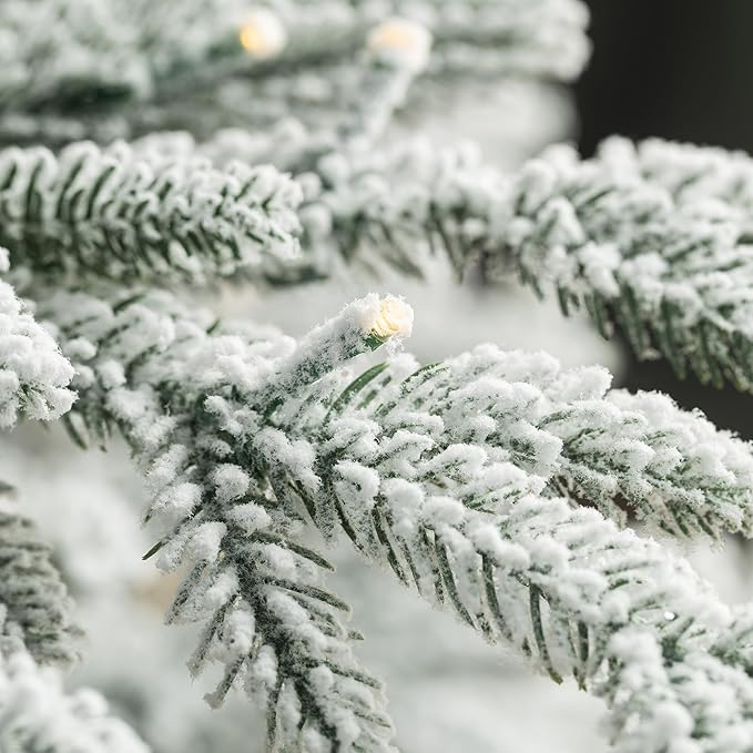 Glitzhome 9ft Flocked Christmas Tree, Deluxe Pre-Lit Artificial Christmas Tree, Large Xmas Serene Snowscape Fir Tree with 650 Warm White Lights and 1519 PE Tips for Holiday Home Party Decor