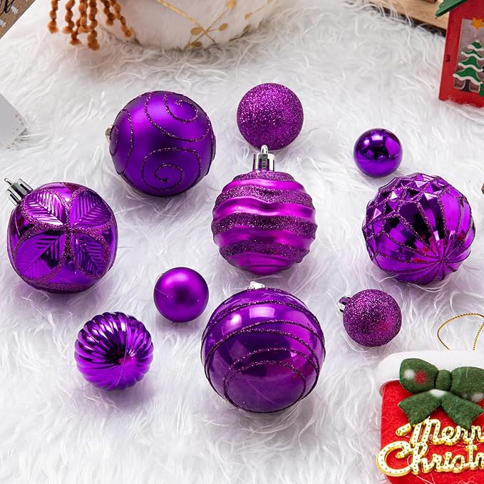 100Pcs Christmas Ball Ornaments Set, Shatterproof Plastic Purple Christmas Ornaments for Xmas Tree, Assorted Baubles Hanging Decorations for Holiday/Party/Wedding (Purple)