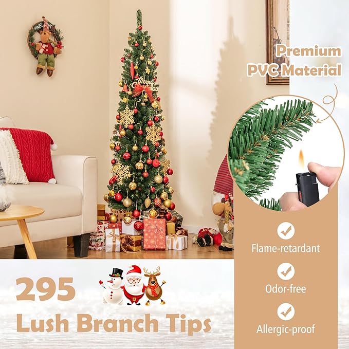 GOFLAME 5FT Prelit Pencil Christmas Tree, Slim Artificial Xmas Tree with 295 Memory Wire Branch Tips, 110 Warm White LED Lights & Upgraded Metal Stand, Seasonal Holiday Decoration Tree for Home Party