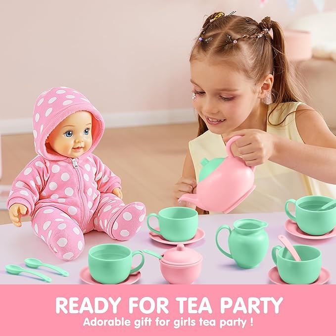 JOYIN 18PCS Pretend Tea Party Set, Plastic Tea Set, Mini Kitchen for Kids, Gifts for Toddler Boys Girls Ages 3 4 5 6 Years Old