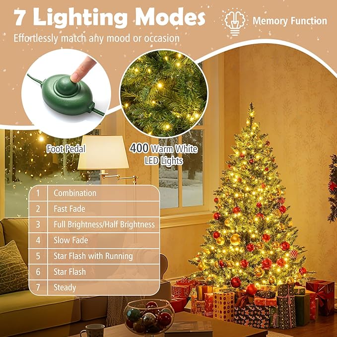 Goplus 5 FT Pre-Lit Artificial Christmas Tree, Hinged Xmas Tree with 510 Branch Tips, 400 Warm White LED Lights, 7 Lighting Modes & Folding Metal Stand, Seasonal Decoration Tree for Home Party Holiday