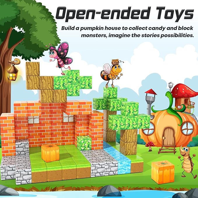 150PCS Magnetic Blocks-Build Mine Magnet World Pumpkin Edition Kids Building Outdoor Toys for 3 4 5 6 7 Years Old Boys Girls, Magnetic STEM Toddler Construction Toys for Halloween Birthday Gifts