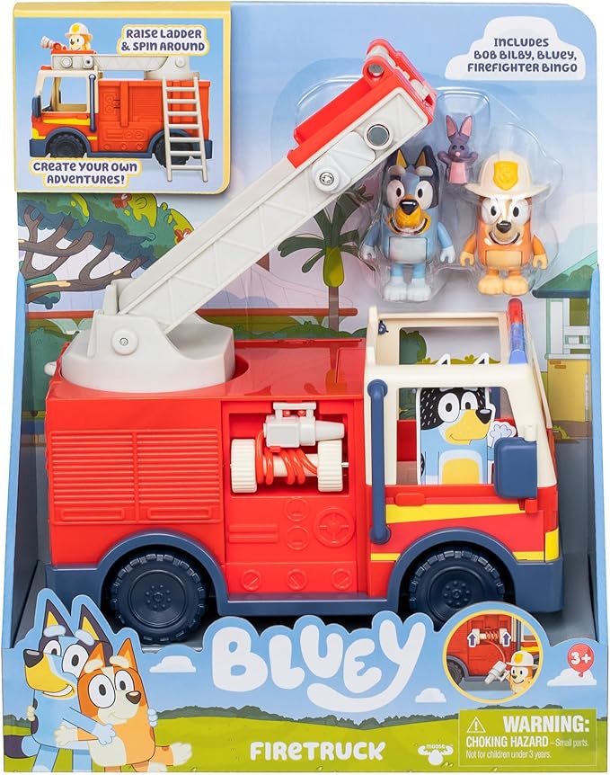 Bluey Firetruck Toy with Firefighter Bingo, Bob Bilby Figures | Extendable Ladder & Hose | Includes Stickers - Perfect for Kids Ages 3+