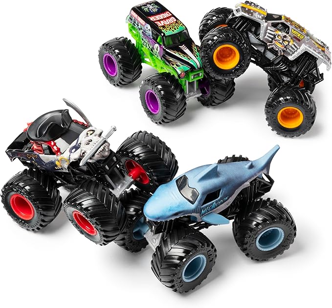 Monster Jam, Land vs. Sea 4 Pack Monster Trucks (Grave Digger, Max-D, Megalodon, and Pirate’s), 1:64 Scale, Kids Toys for Boys and Girls Ages 3 and up
