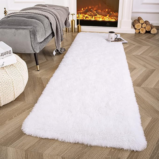 Ompaa Fluffy Runner Rugs, 2x6 Feet White, Super Soft Shaggy Carpet Fuzzy Long Fur Rug for Bedroom Living Room Dorm, Plush Kids Playroom Baby Girls Nursery Decor Mats