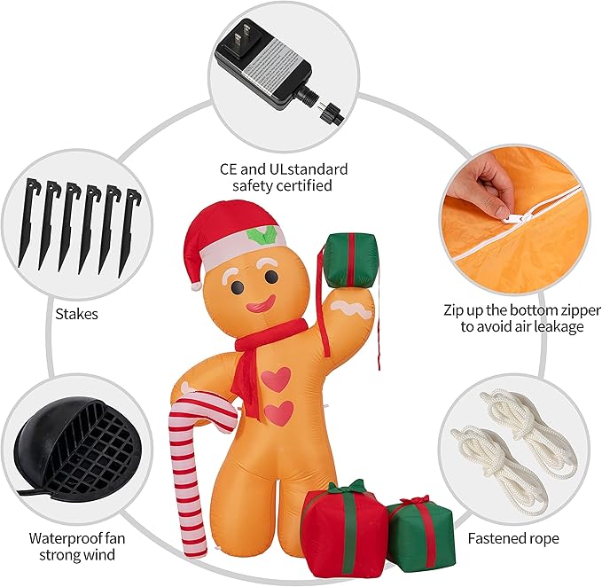 Peyton 8FT Inflatable Gingerbread Man with Candy Cane and Three Gift Boxes,LED Lighted Christmas Decoration Indoor and Outdoor.