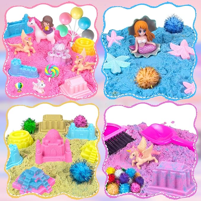 Sensory Bin, 47Pcs Unicorn Sandbox with Lid Play Sand Art Kit for Toddlers Sensory Toys with Magic Sand, 4 Unicorns, Moulds, Castle, Mermaid, Cleaning Tools- Gift for Kids 3 4 5 6 7 8