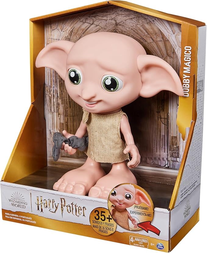 Wizarding World - 8.5" Harry Potter Elf Dobby Interactive Doll with Stocking and 30+ Sounds and Phrases - Harry Potter Gifts - Toys Kids 6+