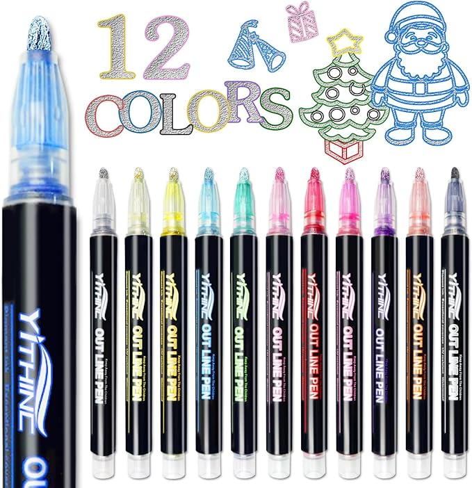 Outline Shimmer Markers, Christmas Stocking Stuffers for Tween Teen Girls Gifts Trendy Stuff, 12 Glitter Metallic Gel Pens Coloring, Arts Crafts Supplies Kits for Kids Boys Ages 4, 6, 8, 10, 12