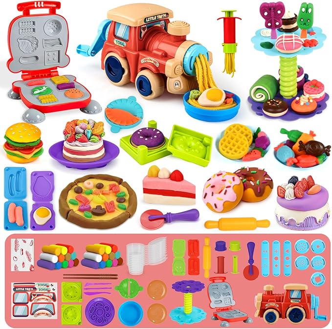 85 PCS 3 in 1 Dough Sets for Kids Ages 3-4-8, Art Crafts Dough Tools Kit, Train Engine Noodle Playset with Light & Sound, Hamburger Machine, Dessert Rack, Kitchen Creations Food Play Toys Boys Girls
