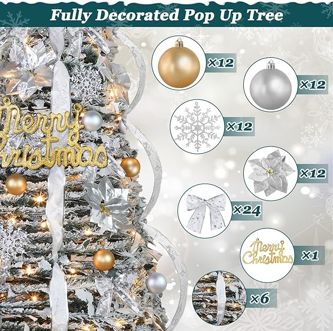 6 Ft Flocked Prelit Pop Up Christmas Tree with Timer & 8 Modes 200 Warm White Lights, Fully Pre-Decorated 80 Gold & Silver Ornaments Collapsible Pull up Xmas Tree with Lights for Indoor Home Decor