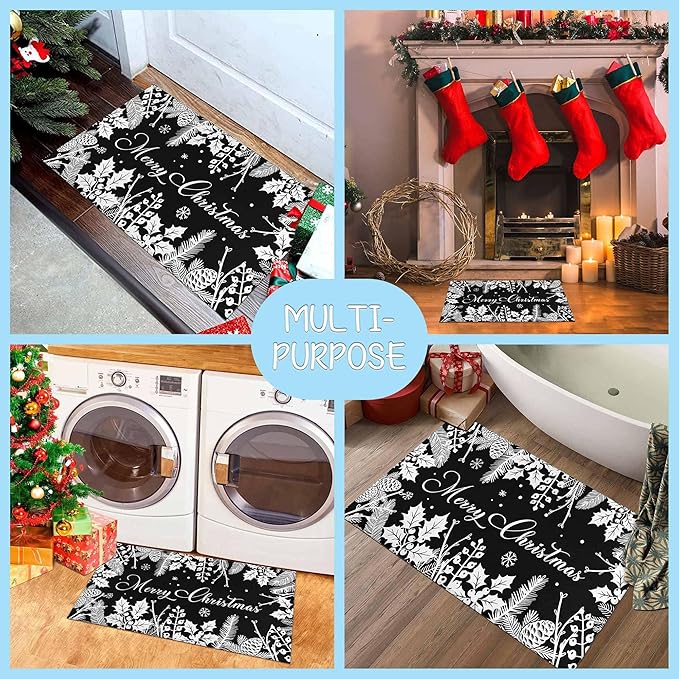 Black Christmas Doormat Outdoor Entrance Non-Slip Holly Pine Branches Pinecones Front Door Mat Merry Xmas Decor Washable Winter Welcome Doormat 17"x30" Christmas Decorations for Home Indoor Outdoor