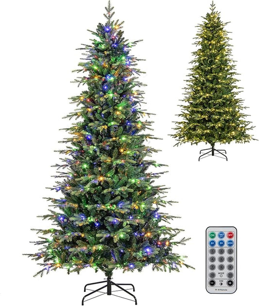 Goplus 9ft Pre-Lit Artificial Christmas Tree, Hinged Xmas Tree with 1770 PVC & PE Tips, 560 Multicolored & Warm White LED Lights, 11 Modes, Remote Control, Metal Stand, Home Office Decoration