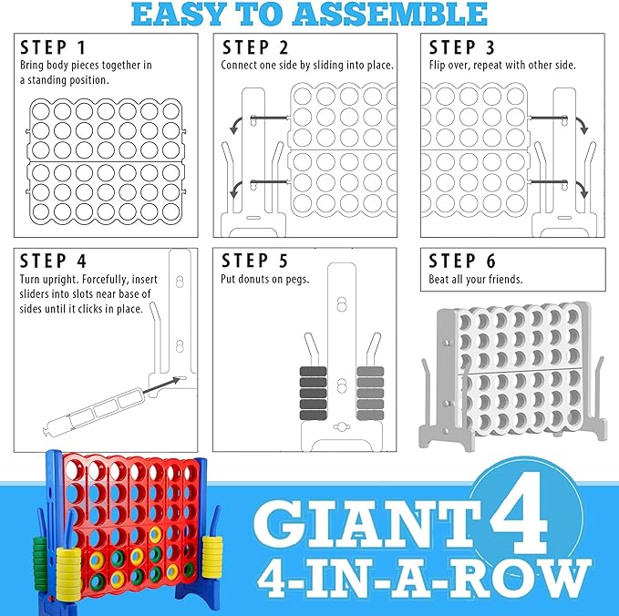 Giantville Giant 4 in a Row Connect Game + Storage Carry Bag - 4" Wide X 3.5" Tall - Oversized Jumbo Sized Entertainment for Outdoor/Indoor Play for Kids & Adults - Durable Waterproof - 2024 Version