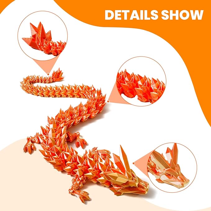 30'' 3D Printed Dragon - 3D Printed Toys, Articulated Crystal Dragon Large Rainbow Animal Fidget Toy, Decor Huge Dragons Collectible Figurines(Red Gold,30inch)