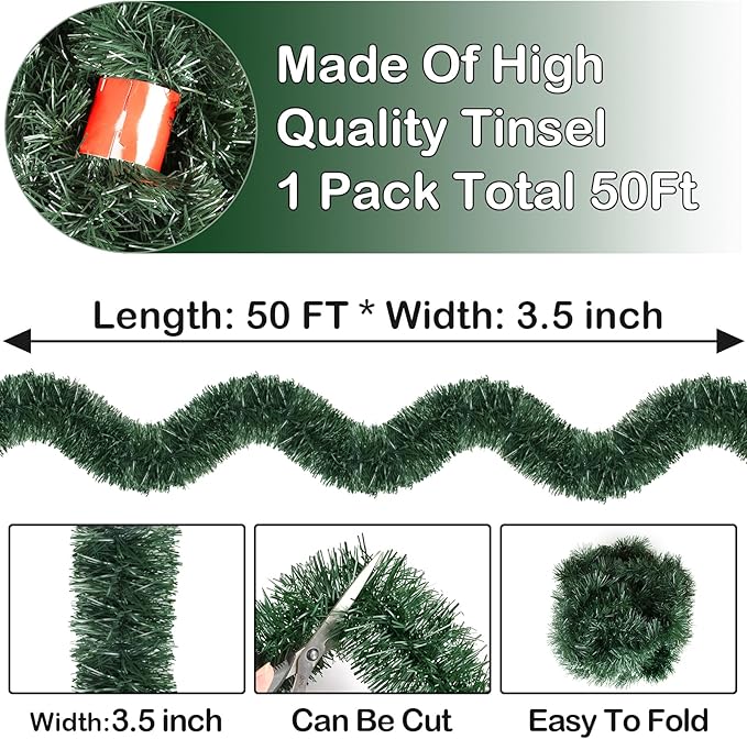 50FT PVC Green Christmas Tinsel Garland Tinsel Twist Greenery Garland for Christmas Tree Decorations, Xmas Tree Decor for Home Indoor Party Supplies