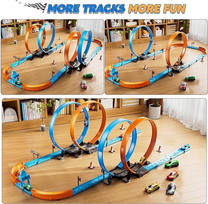Toy Car Race Track Set for Boys Kids Age 3-5 4-7, Race Tracks with 4 Crash Zones and 1:64 Scale High-Speed Slot Cars, Christmas Halloween Birthday Gifts Toys for Toddlers Boys 4-8 8-12 Years