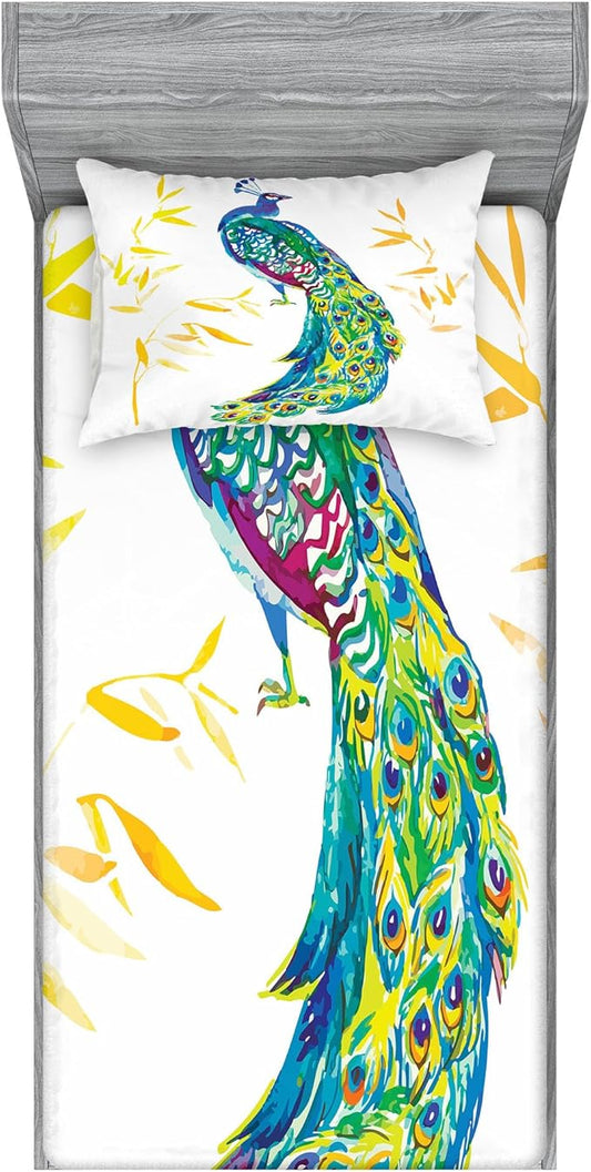 Ambesonne Peacock Fitted Sheet & Pillow Sham Set, Digital Watercolor Paint Creature Female Animal Large Tail Eyespots Image, Decorative Printed 2 Piece Bedding Decor Set, Twin, Orange Teal Yellow