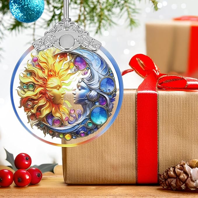 2025 Ornaments for Christmas Tree - Sun and Moon Stained Glass Christmas Tree Decorations Idea - Gift Exchange