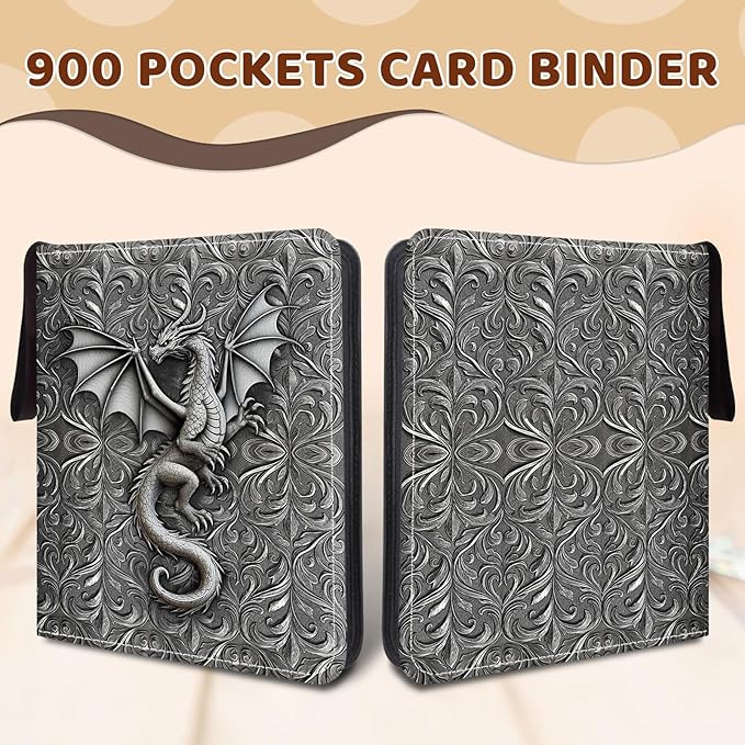 900 Pocket Card Binder, Trading Card Binder with 50 Durable 9-Pocket Pages, Non-3D Dragon Design on Pocket Card Packs, Christmas Birthday Gifts for Zipper Closure Collector's Album