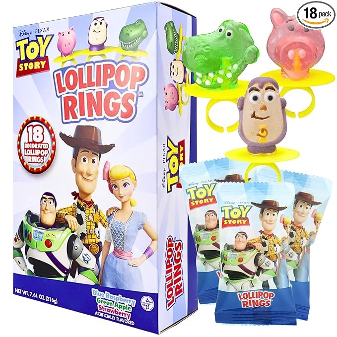 Toy Story Individually Wrapped Lollipop Rings Birthday Party Supplies, Buzz Lightyear, Rex, and Hamm, Character Shaped Suckers, Pack of 18