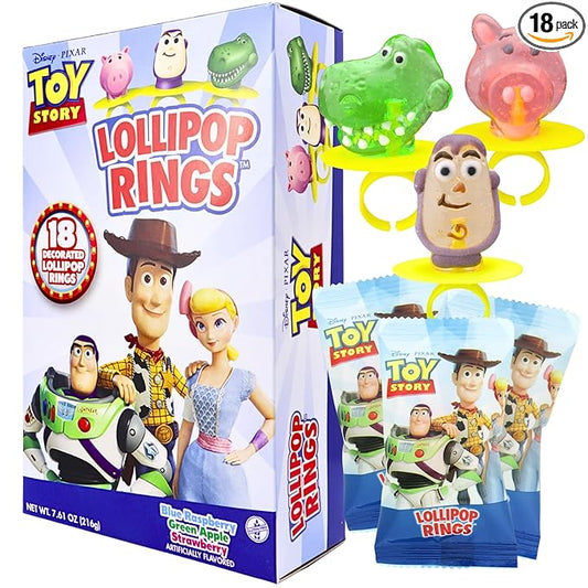 Toy Story Individually Wrapped Lollipop Rings Birthday Party Supplies, Buzz Lightyear, Rex, and Hamm, Character Shaped Suckers, Pack of 18