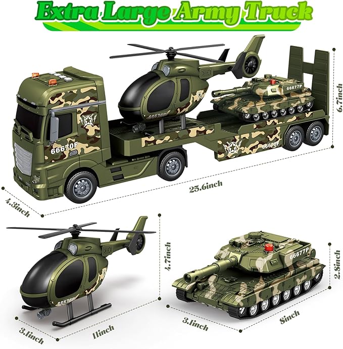 3-in-1 Military Truck Toys for Kids Ages 3-6 - Inertia Semi Trailer with Helicopter & Tank, Light and Sound Army Vehicles