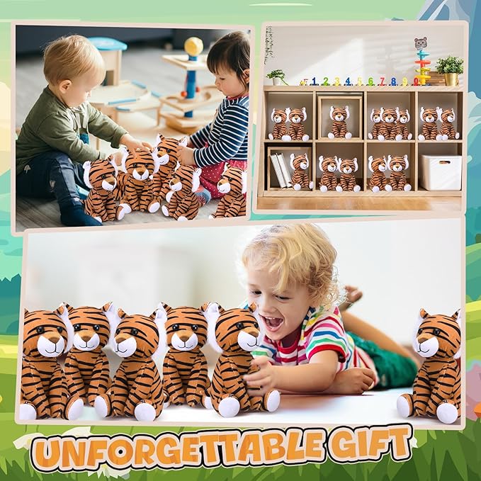 12 Pieces Tiger Stuffed Animal 6 Inch Sitting Tiger Plush Toys Lifelike and Cute Animal Dolls Gifts for Boys and Girls Birthday Favors Gifts Forest Party Decor