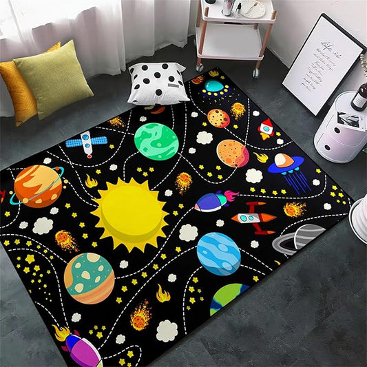 Space Rug for Boys Room - 2.5×4 ft Outer Space Rugs for Boys Bedroom Living Room Cute Cartoon Universe Theme Pattern Carpet Rug Kids Home Decor Floor Mats Doormats Crystal Polyester Galaxy Area Rug