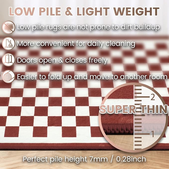 Washable 4x6 Checkered Area Rug for Living Room, Dark Red Checkerboard Modern Boho Large Rugs, Ultra Thin Low Pile Lightweight Indoor Carpet with Non-Slip Backing for Bedroom Kids Nursery Play Room