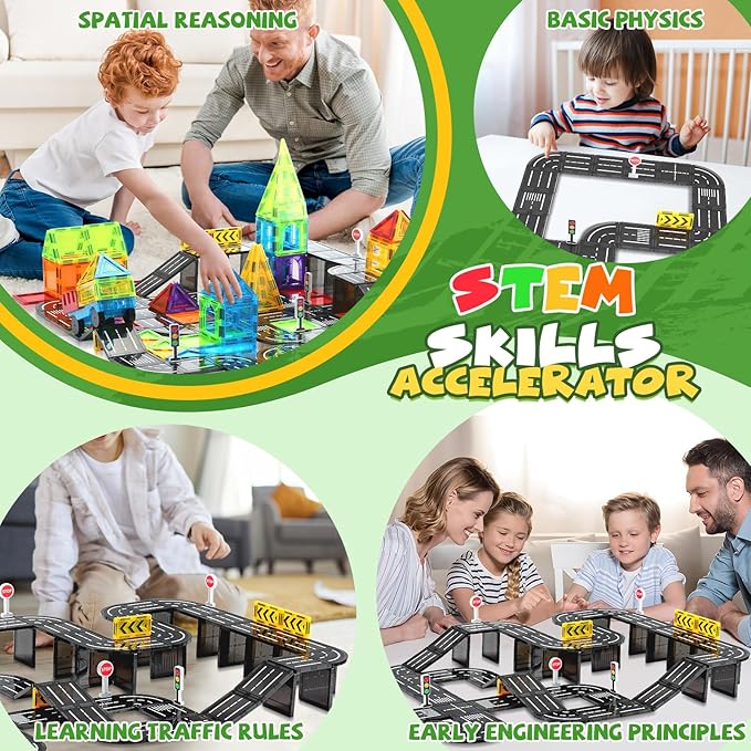 Magnetic Tiles, Construction Magnetic Road Tiles Set, STEM Road Blocks Building Tile, Educational Magnets Tile Toys for Boys Kids Toddlers Ages 3 4 5 6 7 8 9+ Year Old Gifts
