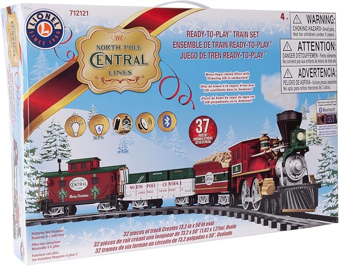 Lionel Battery-Operated North Pole Central Freight Toy Train Set with Bluetooth, Locomotive, Train Cars, & Track with Authentic Train Sounds, Lights, & Water Vapor Smoke Effects for Kids 4+