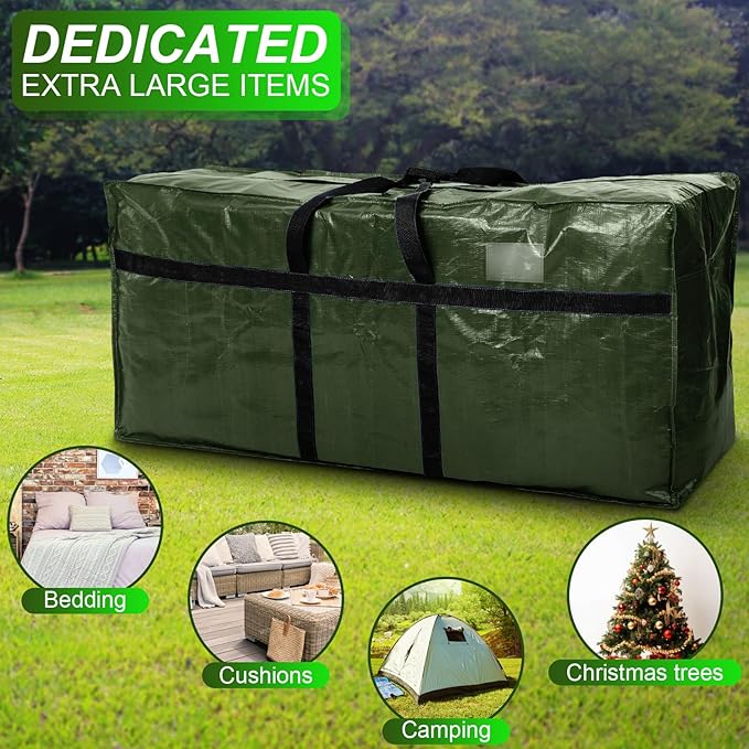 Windyun 4 Pack 69 Gallon Extra Large Storage Bag XXL Moving Bag with Zipper Handle Heavy Duty Jumbo Big Tote Box for Halloween Skeleton 4-12 Feet Christmas Tree Storage College Dorm Cloth (Army Green)