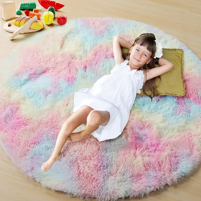 ONASAR Rainbow Round Area Rugs 5ft, Soft Bedroom Circle Rug Mats for Kids Girls Teen Room, Kawaii Fluffy Plush Shaggy Carpet for Dorm Nursery Living Room Playroom Home Decor Princess Castle