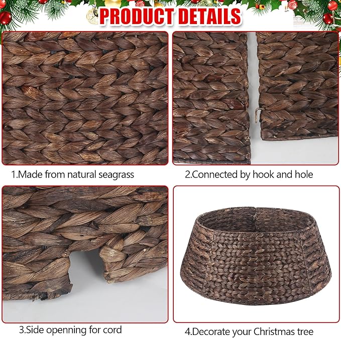 Christmas Tree Collar 27'' D Handmade Hyacinth Tree Collar Basket Rattan Wicker Christmas Woven Tree Ring Stand Base Cover for Christmas Holiday Decoration-Round Brown