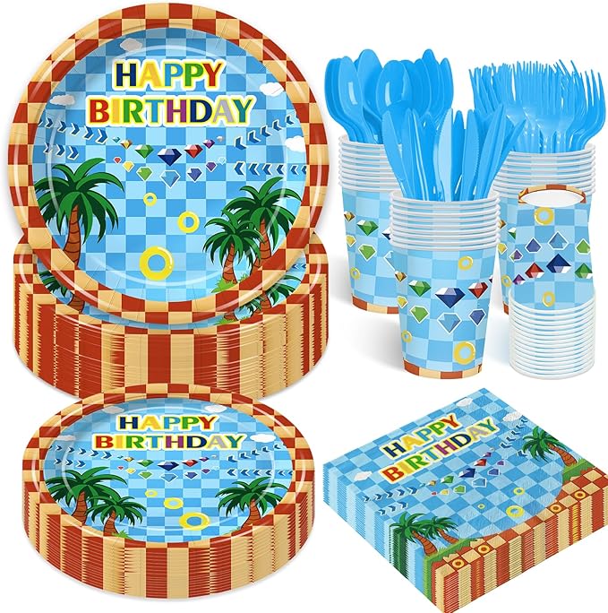 168pcs Cartoon Hedgehog Party Supplies Hedgehog Theme Birthday Decorations Tableware Set Paper Plates and Napkins Serves 24