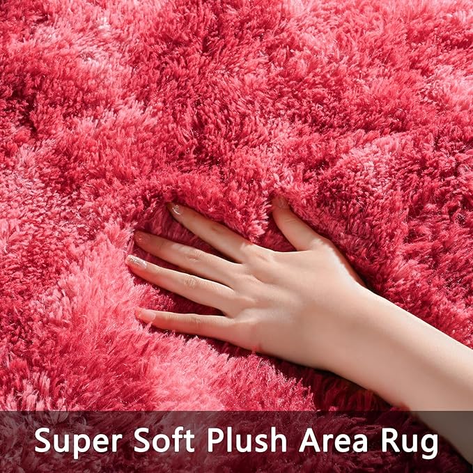 Pettop Large Shag Area Rug, 6x9 Tie-Dyed Plush Fuzzy Rugs for Living Room, Ultra Soft Shaggy Rugs for Bedroom, Non-Slip and Washable Indoor Carpet for Girls Kids Room Home Decor, Burgundy Red