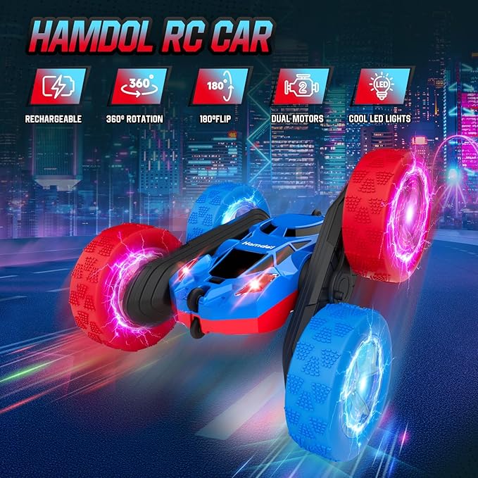 Remote Control RC Car for Kids 6-12, High-Speed 4WD Stunt Car with LED Lights & 360° Rotation, 2.4GHz Off-Road Vehicle Toy with Rechargeable Battery, Cool Christmas and Birthday Gift for Boys