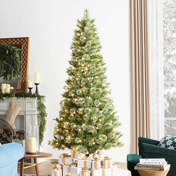 Glitzhome Prelit Christmas Tree, 7.5ft Artificial Green Christmas Tree Charming Cashmere Slim Pine with 350 Warm White and Multi-Color Globe LED Lights, 9 Function w/Foot Pedal and Remote Control