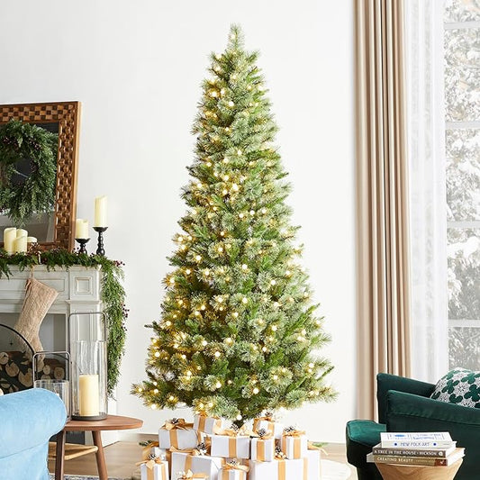 Glitzhome Prelit Christmas Tree, 7.5ft Artificial Green Christmas Tree Charming Cashmere Slim Pine with 350 Warm White and Multi-Color Globe LED Lights, 9 Function w/Foot Pedal and Remote Control