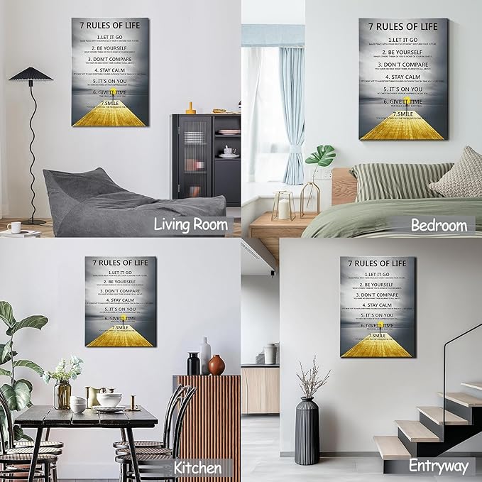 7 Rules of Life Motivational Wall Decor Inspirational Wall Art for Office & Home - Positive Quotes Canvas Prints Ready to Hang, Uplifting Wall Decor for Living Room, Bedroom or Office Wall Art
