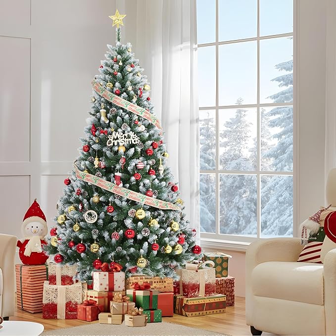 Garvee 4.5 ft Pre-Decorated Artificial Christmas Tree Prelit, Partially Flocked Design Xmas Tree with 352 Branch Tips, 150 LED Lights, Pinecones & Metal Stand for Christmas Decorations