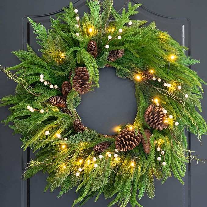 Prelit Christmas Wreaths for Front Door 24 Inch- Real Touch Norfolk Pine Wreath with Lights,Green Evergreen Outdoor Xmas Wreath with Natural Pine Cones and Berries for Farmhouse Home Decor