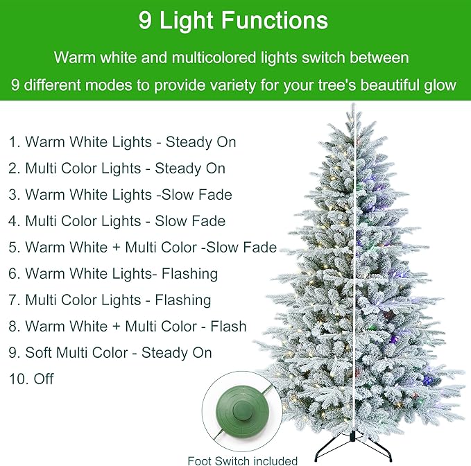 7 Feet Pre-lit Flocked PE Christmas Tree with 1575 Branch Tips, 350 Dual-Color Multi-Functional LED Lights